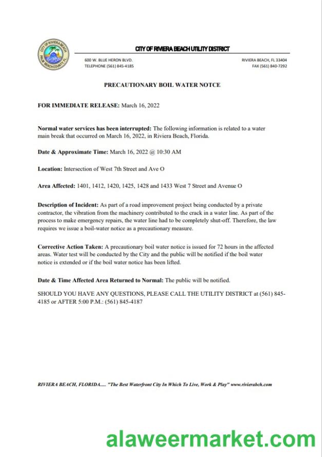 USA Florida City of Riviera Beach utility district water utility shut off notice, Word and PDF template
